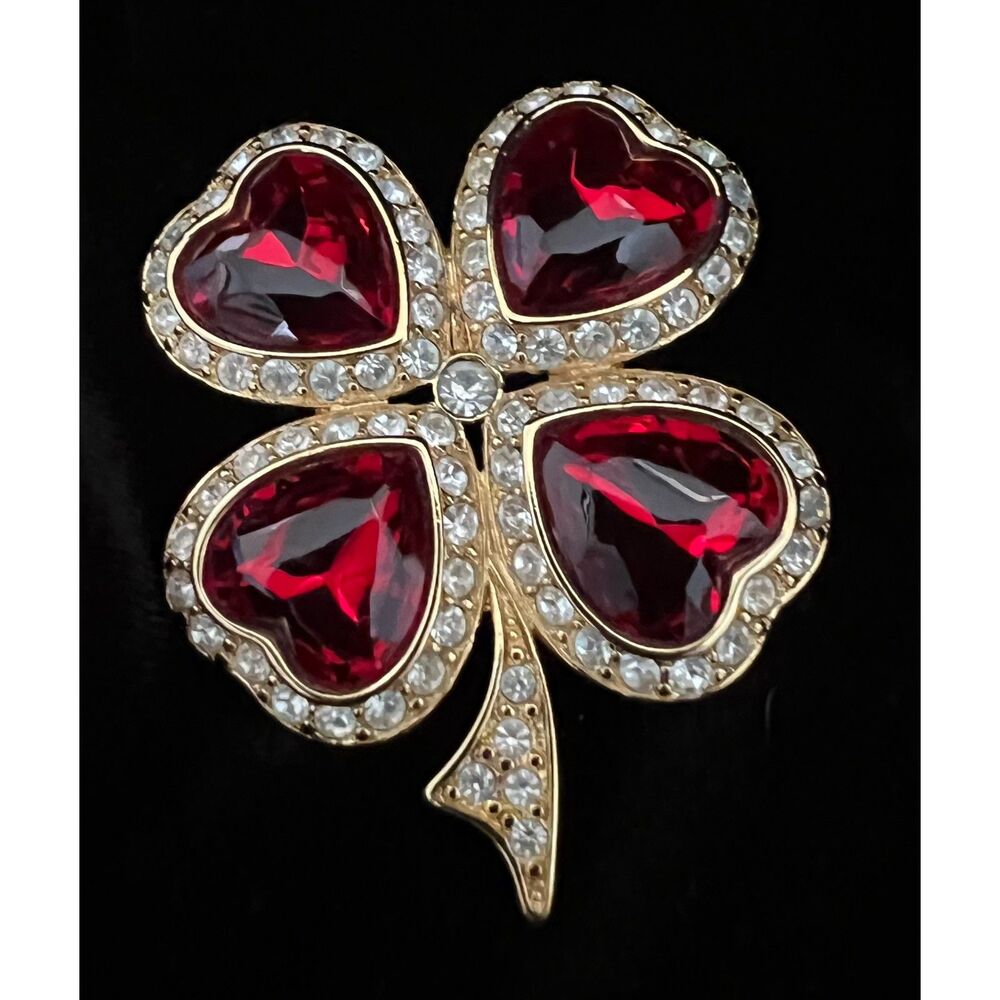 Kenneth Jay Lane KJL Vintage Ruby Red Heart Crystal Shamrock Clover Brooch Pin